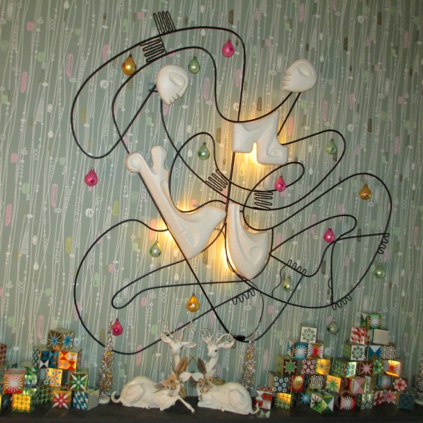 The Foyer with multicolor polish teardrops, atomic foil boxes, 1950's deer, and newly added vintage tinsel trees.